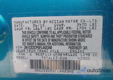 2015 Nissan Versa Note Sl from USA, damaged, VIN 3N1CE2CP5FL442340